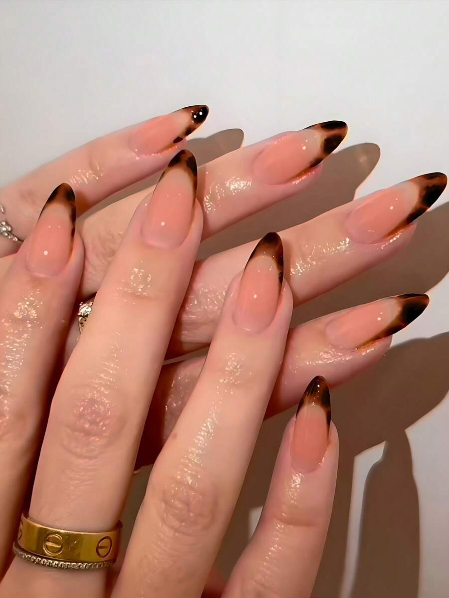 24片中号杏仁形美甲贴纸，豹纹渐变粉色亮泽全覆盖，适合女性和女孩美甲、家居DIY、秋冬季假指甲美甲用品 - 彩色 - 查看 1