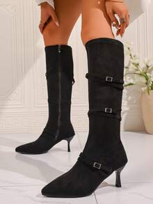 女士黑色过膝高跟靴，朋克哥特风尖头机车性感派对搭扣装饰拉链黑色靴子，冬季，猫跟 - 黑色 - 查看 6