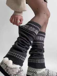 1 Pair Multicolor Korean Style Fair Isle Knit Leg Warmers For Women, Thick Knit Snowflake Design, Slimming & Warm, Grey, Cozy - Multicolor - View 2