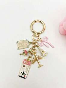 三色旅行主题钥匙扣 - 可爱包包挂饰，时尚钥匙圈配件，包含飞机、行李箱和机票吊坠，耐用珐琅钥匙链，可用于装饰钱包、背包、钥匙和行李牌 - 彩色 - 查看 6