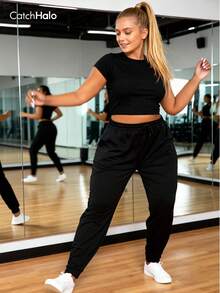 Plus Size Women Loose Drawstring Waist Pockets Sports Pants, Pure Black, Casual Sporty Style (2025 Autumn/Winter Yoga & Fitness Leggings) - Black - View 7