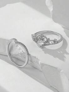2pcs/Set Elegant Crown & Cubic Zirconia Copper Plated Ring Set, Perfect Valentine's Day Gift For Women - Silver - View 4