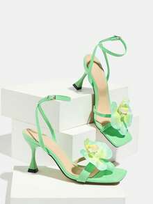 Jin Bei Qi 女士高跟鞋，时尚百搭，适合春夏派对、户外活动和高端聚会。鞋款特色包括：漆面酒杯形鞋跟、方头设计、闪亮3D兰花装饰、交叉绑带、神秘石纹材质、可调节踝带，以及优雅奢华的绿色，适合正式场合、舞会和日常穿着。 - 綠色 - 查看 6