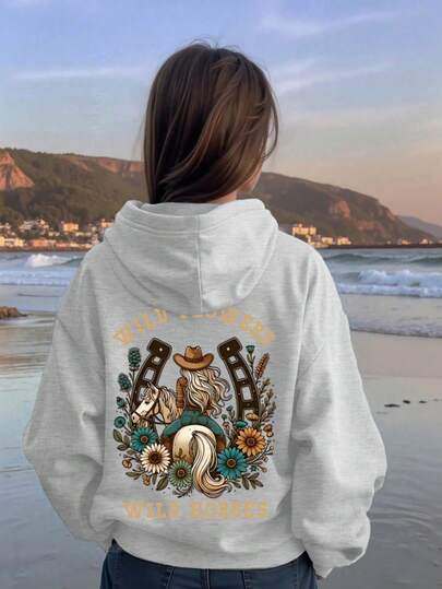 Casual Floral & Wild Horse Print Sweatshirt For Tween Girl, Suitable For Outdoor Activities And Daily Wear