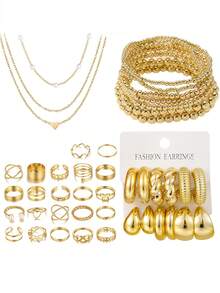 37-68pcs Elegant Vintage Butterfly, Heart, Faux Pearl, Twist Knot, Star, Moon, Rhinestone, Wide Band, Snake Chain, Braid Chain, Geometric C-Shape Earrings, Necklaces, Rings, Bracelets Jewelry Set, Suitable For Holidays, Parties, Daily Wear, Holiday Gifts