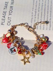 1 pieza Pulsera con dije de dados con estrella y niña, 1 pieza Pulsera gótica oscura con cabeza de demonio de cereza, 1 pieza Pulsera con eslogan de autoamor, 1 pieza Pulsera ajustable con labios rojos Y2K DIY