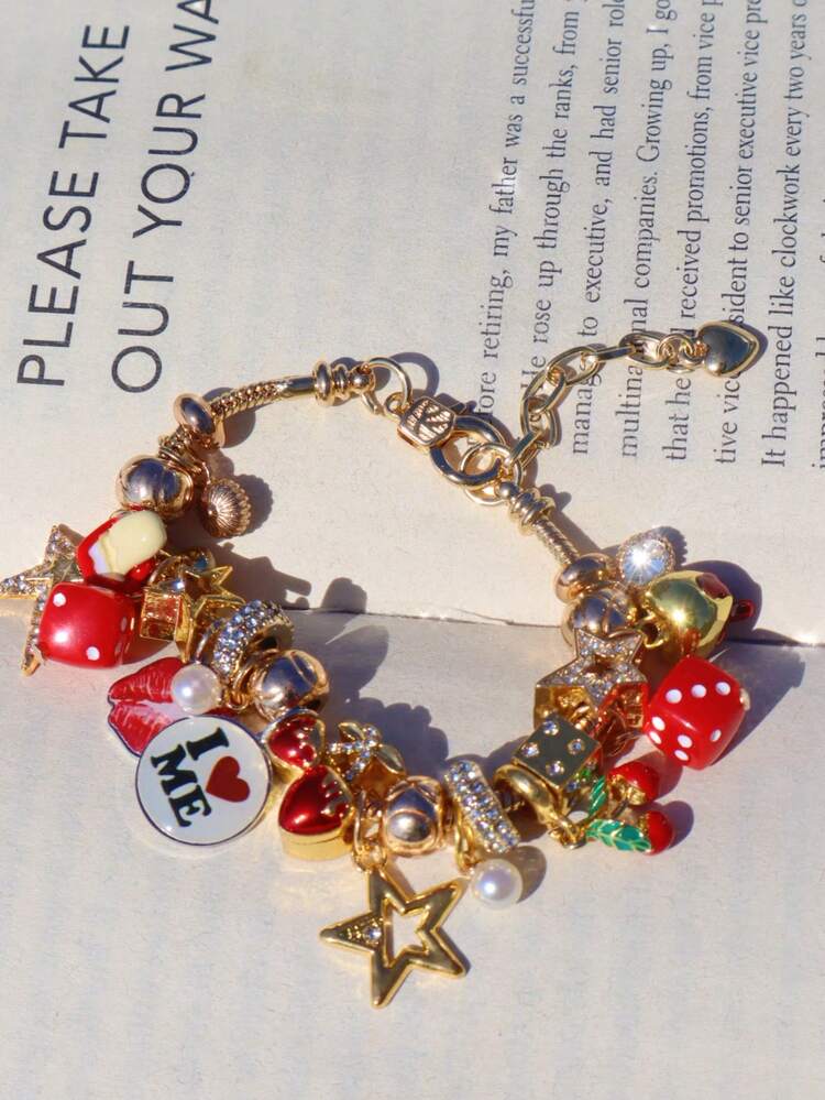 1pc Star Girl Dice Charm Bracelet, 1pc Dark Gothic Cherry Demon Head Bracelet, 1pc Self Love Slogan Bracelet, 1pc Red Lips Y2K DIY Adjustable Bracelet - Gold - View 8