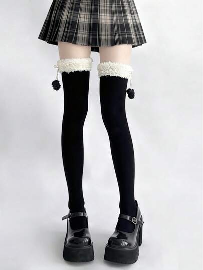1双女士可爱洛丽塔风黑色过膝袜，保暖毛绒边饰蓬松球时尚过膝袜，秋冬款
