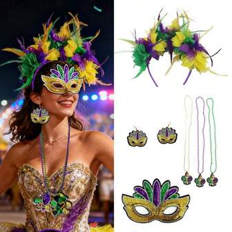 Conjunto de accesorios de carnaval - Diadema de plumas de carnaval/Navidad - Collar dorado, morado, verde - Máscara de media cara con brillo de carnaval - Aretes con brillo de carnaval - Diadema floral, accesorios de cabello retro populares para fiestas europeas y americanas, bodas