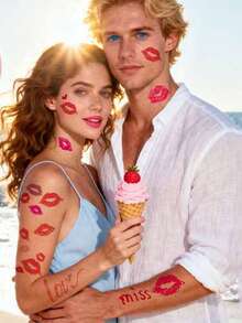 Nouveaux autocollants de tatouage de lèvres pour la Saint-Valentin, autocollants de tatouage temporaire de baiser de lèvres rouges en forme de cœur pour couple unisexe