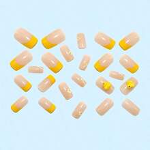 24PCS Short Length French Tip Press On Nails - Cute Little Yellow Duck & Flower Nail Art Decals, Reusable False Nails With Included Glue, Effortless-To-Apply Fashion Manicure For Women & Girls, Suitable For Daily Use, Party Occasions & Date Nights, DIY Nail Accessories Featuring Adorable Cartoon Design,  &  Fake Nails For Hassle-Free Mani - 黃色 - 查看 7