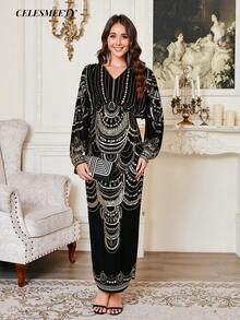 奢华皇家风黑色金亮片刺绣正式礼服，优雅雪纺蝙蝠袖晚礼服，适合派对、婚礼、家庭聚会等场合。 - 金色 - 查看 4