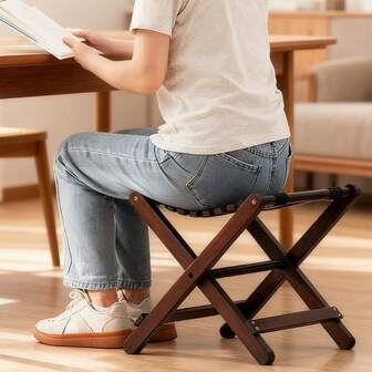 Outdoor Portable Bamboo Folding Stool, Compact Collapsible Bench For Camping/Fishing/Kitchen - Shower Chair, Walnut Color, 13.8"H X 12.6"W