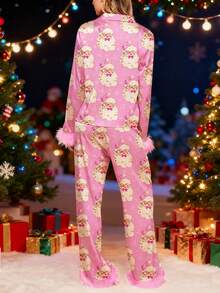 Women Y2k Silk Satin Christmas Pajamas Sets Xmas Tree/Santa Claus Print Plush Trim Long Sleeve Sleepwear Holiday Print Two Piece Pjs Pants PJs Set Loungewear - 粉色 - 查看 8