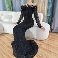 25 Black Off-Shoulder Feather Mermaid Gown Light Luxury Elegant Socialite Banquet Host Evening Dress - 粉紅色 - 查看 4