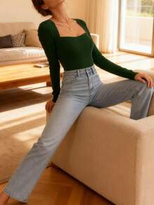 Womens Knit Long Sleeve Ribbed Bodysuit Sweater Slim Fit Tops Ribbed Basic Jumpsuit Fall Tops - Green - View 3