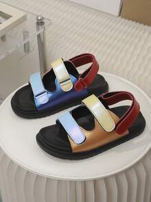 1 Pair Candy Color Thick Sole Hook & Loop Beach Sandals, Kids Open Toe Sandals, Baby Soft Bottom Shoes, Color Block Hook & Loop Decor, PU Material, Easy To Match Flat Heel, Outdoor Fashion Casual Shoes For Summer - Orange - View 2