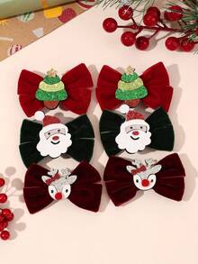 6pcs Chriatmas Decor Red And Green Velvet Bow Hair Clips,Christmas Trees & Deer & Santa Claus Accessories Hair Bows,Cute Hair Barrettes For Girls Teens Gifts
