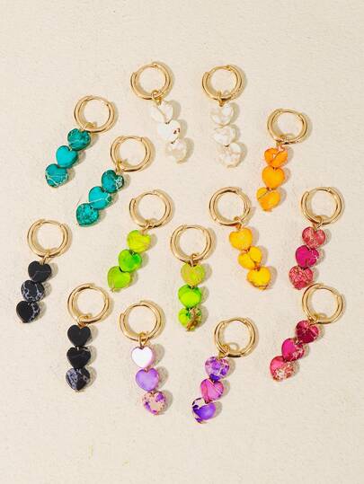 1 par de pendientes con forma de corazón de piedra natural con textura agrietada y multicapa, con efecto arcoíris y diseño de dopamina y amor vintage