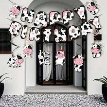1 Set Pink Cow Birthday Party Hanging Banner, Pink And Brown Cartoon Cow Design, Suitable For Farm Theme Indoor And Outdoor Garden Hanging Decor Party, Durable Paper Hanging Decor For Indoor/Outdoor Garden, Graduation, Christmas, Halloween, Valentine's Day, Wedding, Birthday - Multicolor - View 16