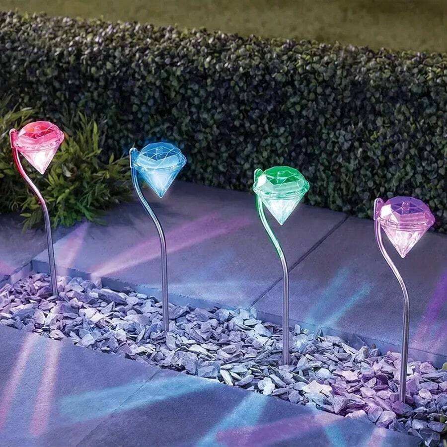4-Pack Solar Diamond Path Light Strips With Flexible Pole - 8 Hours Of Lighting, Weather-Resistant Plastic With Nickel Batteries, IP44. Easy Semi-Recessed Installation For Gardens, Walkways, Patio Decoration, Outdoor Solar Lights, Garden Decor, Flashing Effect. - 亮光 - 查看 1