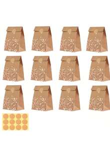 Bulk Elegant Rose Golden Kraft Paper Gift Bags Set With 12 Stickers - Beige & Golden Durable Kraft Paper, Golden Accent Packaging For Weddings, Birthdays, Showers, Tea Parties - Bulk Gift Wrap Supplies, Izable Label-Friendly - Multicolor - View 2