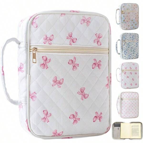 Funda para Biblia de mujer, estuche acolchado grande con asa, bolsa y estuche duradero, accesorios de suministros para estudiar, moño rosa para mujeres cristianas, moño rosa