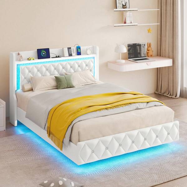 Floating Queen Bed Frame With LED Light, Upholstered Platform Queen Bed With Charging Station & Wingback, Diamond Tufted Storage Headboard & Footboard, PU Leather, No Box Spring Needed