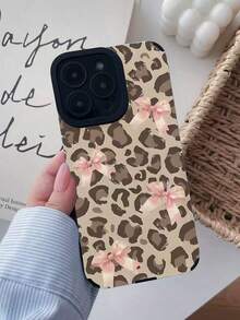 1pc Leopard Print Bow Striped Painted Protective Phone Case, Shockproof, Compatible With Apple 11, 12, 13, 14, 12 Pro Max, 13 Pro Max, 15, 15 Pro, 15 Plus, 15 Pro Max, 16, 16 Pro, 16 Plus, 16 Pro Max, 17, 17 Pro, 17 Air, 17 Pro Max / S23 Ultra / S24 Ultra / S25 Ultra - Multicolor - View 1