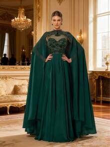 DELLA COUTURE Green Extra Long Cloak Sleeve Slim Chiffon Evening Gowns Unique Beaded Sequins Decoration Design Floor Length Dresses For Dinner Prom Party Formal Occasion Dresses Cocktail Party Long Dress - Green - View 2