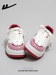 1 Pair WARRIOR Women's Thick Sole Lace-Up Soft Bottom Casual Shoes, Low-Top Outdoor Flat Shoes, Round Toe Low Heel Non-Slip Solid Color Elegant Soft Bottom Hiking Shoes, Suitable For Students, Graduation Photos, Flat Shoes, Women Leather Skate Sneakers - Rice/Wine Red - View 3