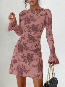 PRETTYGARDEN Women's Spring And Fall Fashion Floral Long Sleeve Mini Dress Mesh Bodycon Short Party Date Night Going Out Dresses Dhristmas New Years Valentine Vacation Dresses For Women - 暗粉 - 查看 2