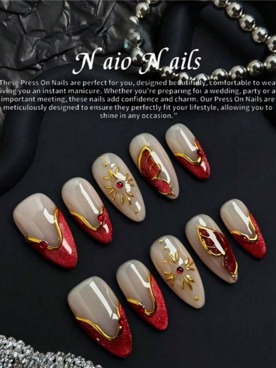 10 Peças de Unhas Postiças Feitas à Mão, Presentes de Natal, Unhas Falsas, Unhas Postiças Longas, Estilo Hot Girl Y2K, com Unhas Francesas Nude, Douradas, Vermelhas, Padrão de Borboleta, com Decoração de Pérolas e Strass, Unhas Longas, Unhas Amendoadas, Adequadas para Meninas que Amam Beleza Usar Diariamente e como Presente de Feriado, Adequadas para o Dia dos Namorados, Natal, Ano Novo.