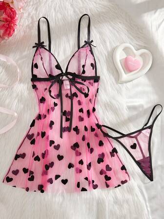 2件套女士性感花卉网纱睡袍套装，前系蝴蝶结装饰内衣套装