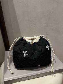 1个尼龙蝴蝶结抽绳水桶包，时尚毛绒灯笼手提包，简约绗缝刺绣菱形图案棉质单肩包 - 黑色 - 查看 11