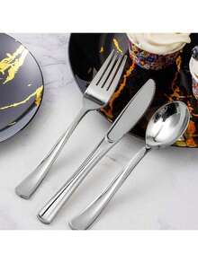 50/25/12 piezas Juego de cubiertos plateados: Cuchillo/Tenedor/Cuchara, Tenedor y Cuchara de ensalada, Cuchara de postre, Cuchara para pasta, Utensilios de servir, Cubertería de cocina, Juego de vajilla, Adecuado para bodas, fiestas de cumpleaños, reuniones familiares, útiles escolares, fiestas escolares, restaurantes, cocinas, cenas de Navidad, eventos de trabajo en equipo al aire libre, también es un gran regalo para familiares, amigos y mayores.