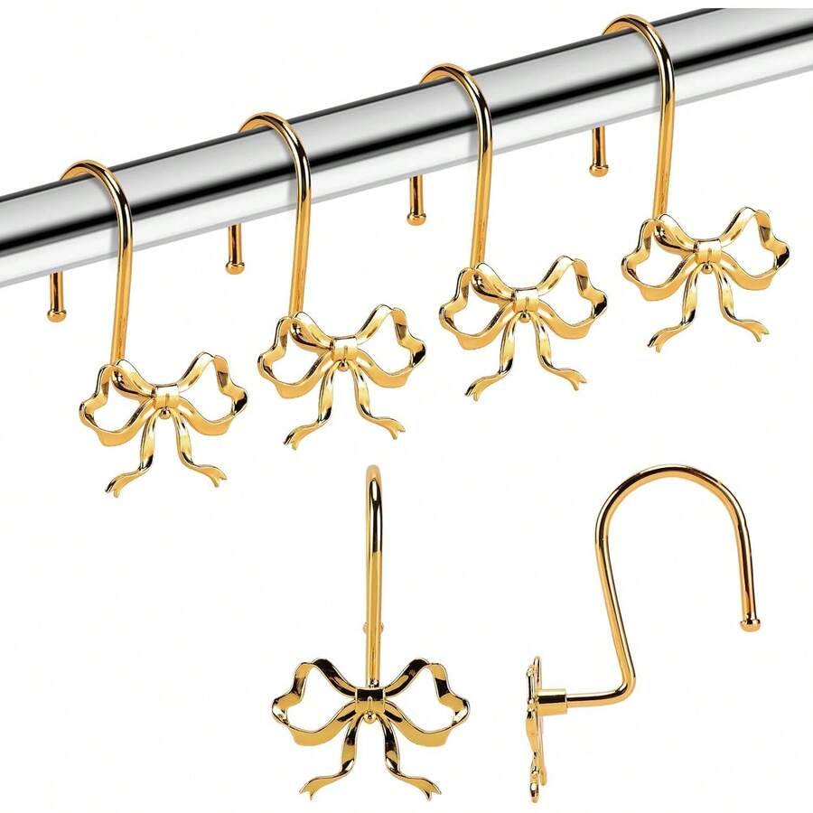 Bow Shower Curtain Hooks, 12 Pack Metal Decorative Rings, Rustproof Bow Knot Design For Bathroom Bedroom Living Room Baby Room Nursery Art Decor (Gold 2) - 1 - Xem 1