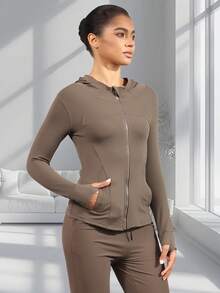Women's Hooded Long Sleeve Sports Jacket With Thumbholes With Pockets, Breathable Athletic Casual Pullover, Sportswear, Fitness Clothing, Yoga Jacket, Fitness Clothing, Long Sleeve Cycling Sweatshirt, Women's Outdoor Sports Running Tops, Women's Yoga Hoodie Suitable For Running, Fitness, Yoga, Everyday Leisure - Cà phê nâu - Xem 5
