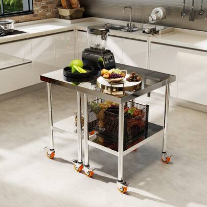 VA-Cerulean Stainless Steel Work Table, 4 Swivel Casters With Brakes, Preparation Table/Kitchen Table With Adjustable Height Feet, Dismantling Table, Load Capacity 300 Kg For Kitchen, Bar, Restaurant, 85x61x46cm, 85x76x46cm, 85x61x60cm, 85x76x60cm