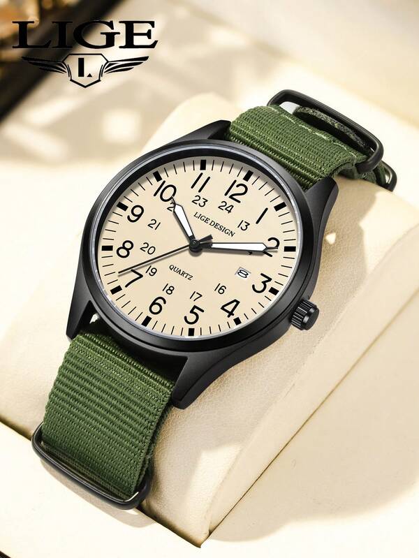  LIGE Classic Fashion Disc Nylon Strap Quartz Watch Life Waterproof, Ultra-Thin Dial Watch Boy's Watch Holiday Gift