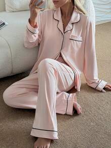 Nina Bonheur 2pcs Women Notched Collar Long Sleeve Pajama Set - Comfortable Casual Sleepwear & Loungewear - Pink - View 3