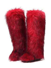 Women's Winter Furry Snow Boots For Women Fluffy Round Toe Suede Booties Flat Heel Slip On Outdoor Indoor Shoes Fashion Warm Fluffy Christmas Shoes - 過膝紅色 - 查看 11