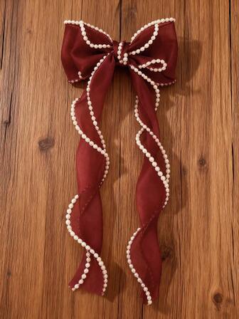 1 Pc Faux Pearl Detail Bow Decor Hair Clip Elegant Valentine's Day Valentines Hair Accessories For Women Claw Clips Hair Claws Hair Barrettes, School Stuff, College, Burgundy Red Hair Clips, Pearl Hair Accessories