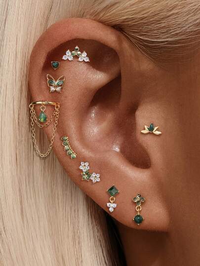 1件绿色蝴蝶天然苔藓玛瑙925纯银耳钉，女士经典耳钉，平底耳背，适合日常佩戴，也适合周年纪念等场合，精美珠宝。