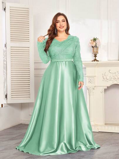 hezixi High-Quality Stretchy Sequin V-Neck Puff Sleeve Fitted Mermaid Hem Design, Plus Size Solid Color Elegant Luxury Maxi Dress, Enhances Feminine Charm, Suitable For Parties, Graduations, Weddings, Events, Galas And Balls, Women's Formal Gown (Deluxe Edition)