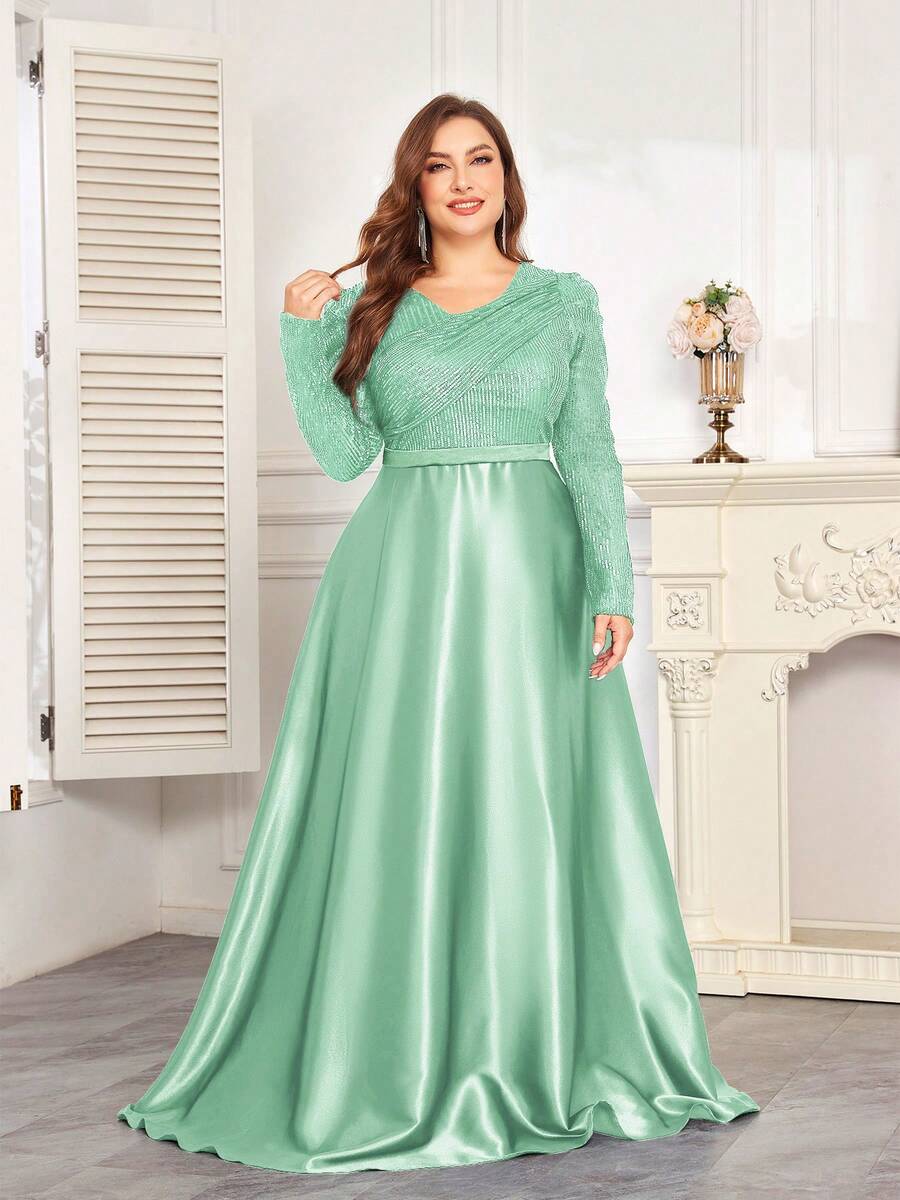 hezixi 高品质弹力亮片V领泡泡袖修身鱼尾裙摆设计，加大码纯色优雅奢华长裙，尽显女性魅力，适合派对、毕业典礼、婚礼、活动、晚宴和舞会等场合，女士正式礼服（豪华版）春季派对