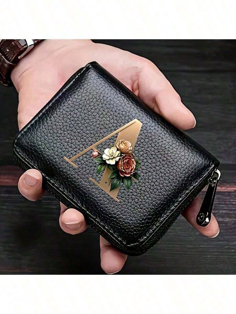 PU皮革字母风琴拉链卡包钱包,男女通用信用卡零钱包,黑色,男士礼物,周年纪念礼物,女士小礼物 - 彩色 - 查看 1