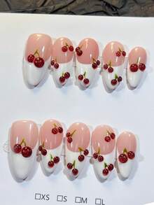 10片装 3D迷你樱桃杏仁形白色法式可爱少女Y2K美甲片 简约百搭裸粉色底 手工制作 可佩戴美甲贴片 适合日常佩戴和使用 按压式美甲片 人造指甲 美甲配件 美甲用品 - 紅白色 - 查看 1