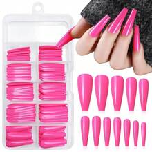Long Coffin Nails - 100pc Hot Pink Press Ons, XL Fake Nails, Full Cover Acrylic Pink Ballerina Nails For Women & FFgirls{Inchcolor_nameinch:InchHotPinkinch} - 亮粉紅色 - 查看 1