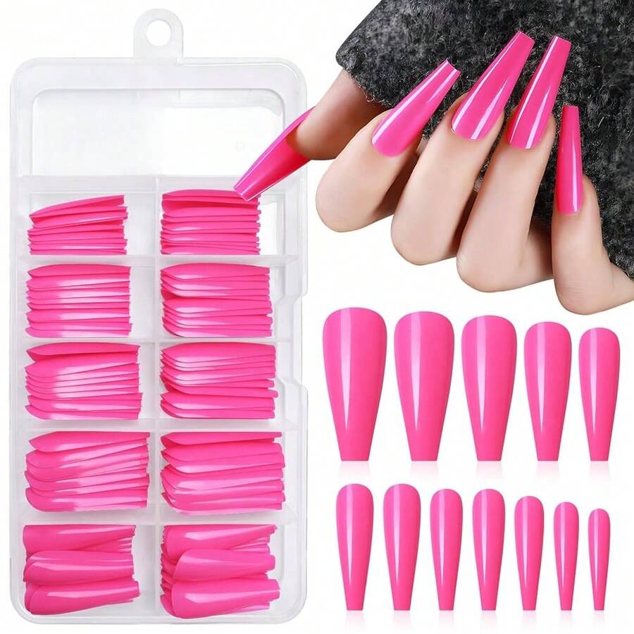 Long Coffin Nails - 100pc Hot Pink Press Ons, XL Fake Nails, Full Cover Acrylic Pink Ballerina Nails For Women & FFgirls{Inchcolor_nameinch:InchHotPinkinch} - 亮粉紅色 - 查看 1